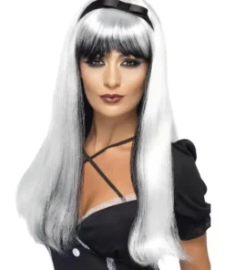 Perruque Sorcière Argent Et Noire Longue Avec Noeud